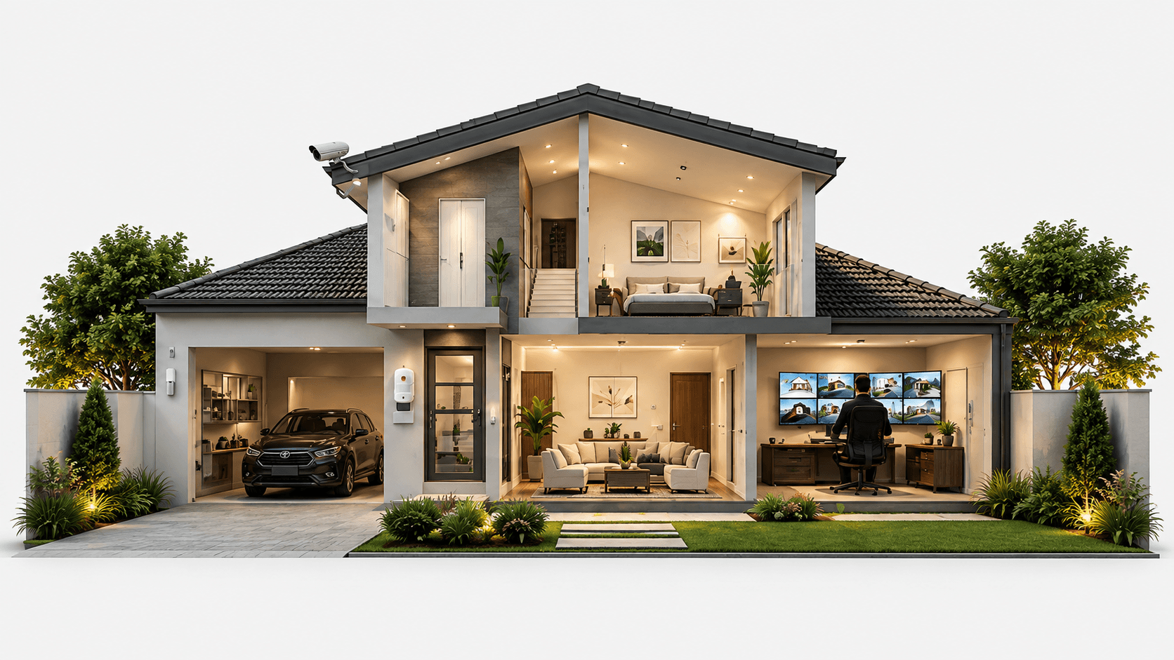 Ilustração de uma casa em corte, com câmeras, sensores e ambientes conectados ao monitoramento.